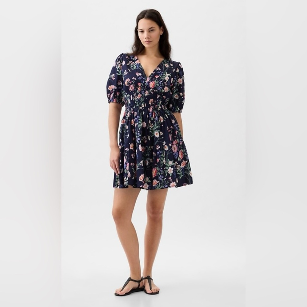 Gap, V-Neck Puff Sleeve Dress, navy with flower detail, XS